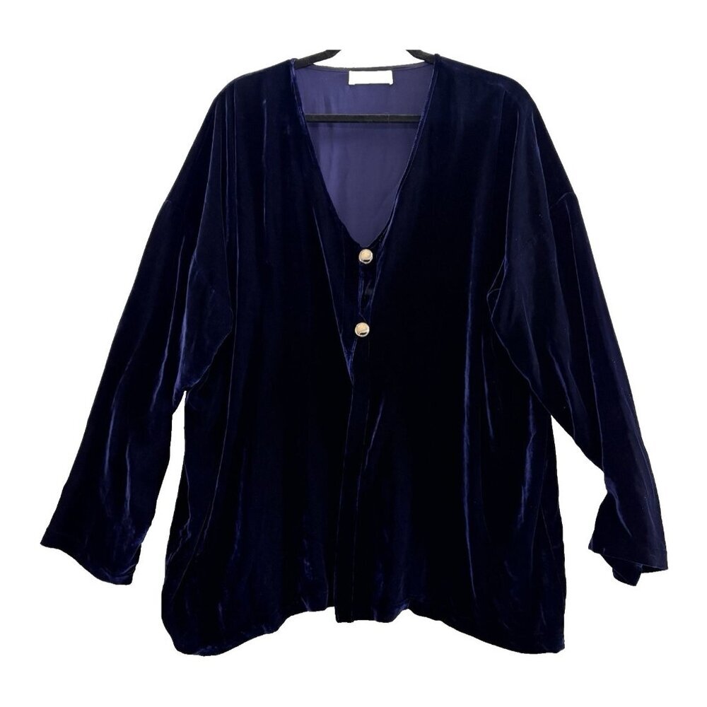 Vtg BRYAN EMERSON Women Button Front Silk Blend Velvet Cardigan OS Blue 93-10